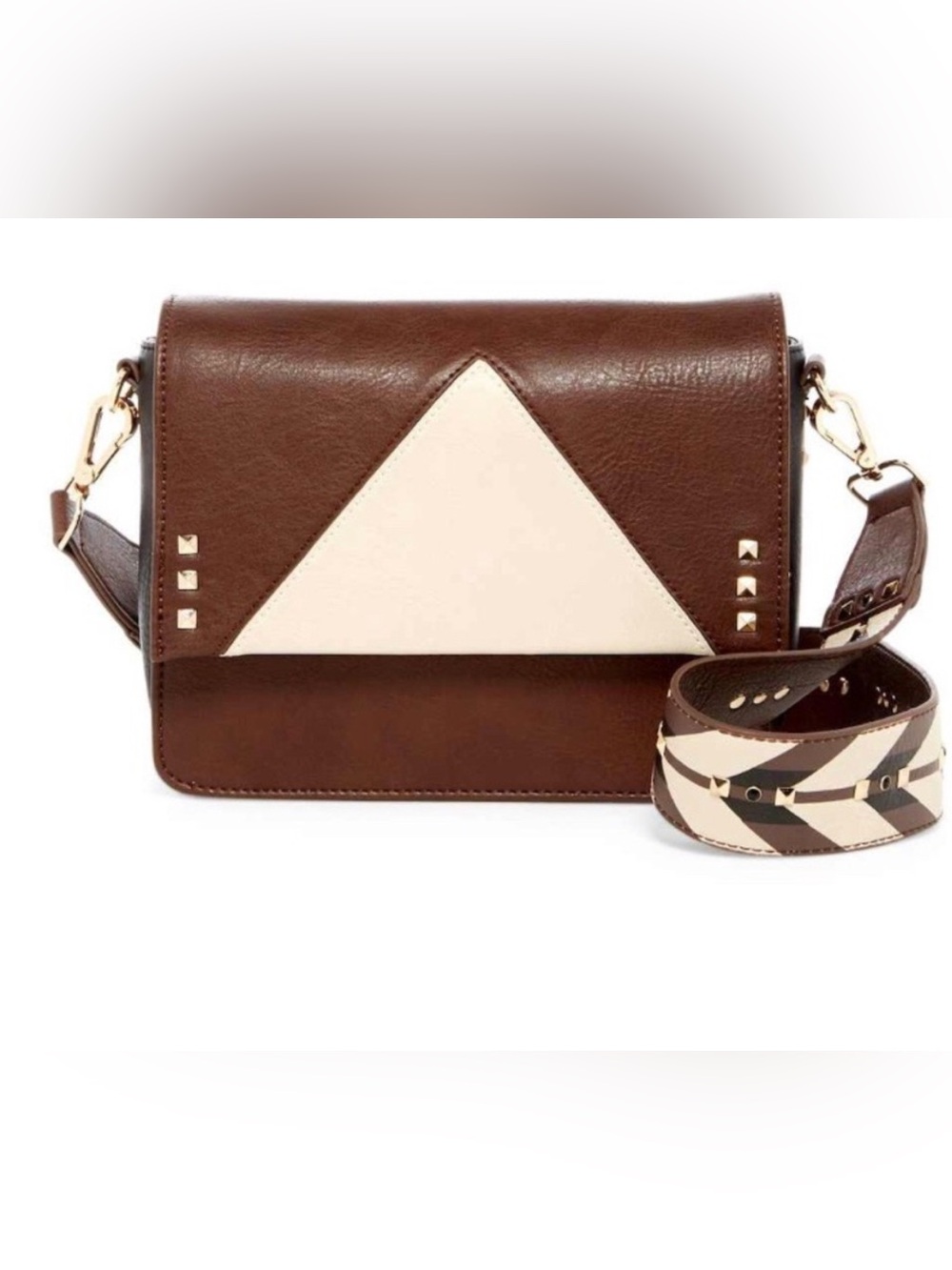 Steve Madden Brown & Cream Leather Crossbody Bag with Patterned Strap